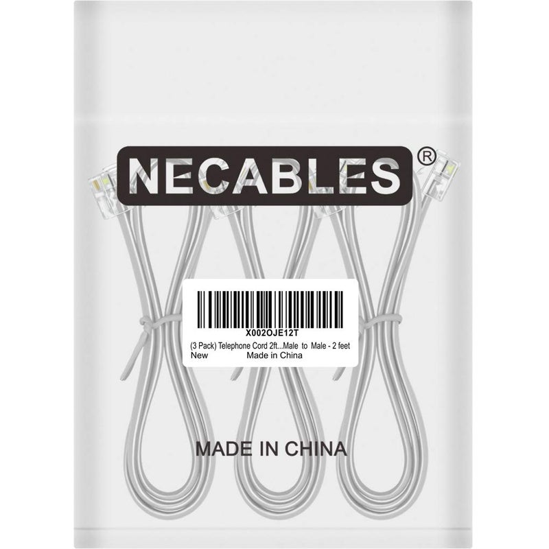 NECABLES 3Pack Phone Cord 2ft Telephone Cord Phone Cable RJ11 6P4C Male to Male for Landline and Fax - 2 Feet - Image 4